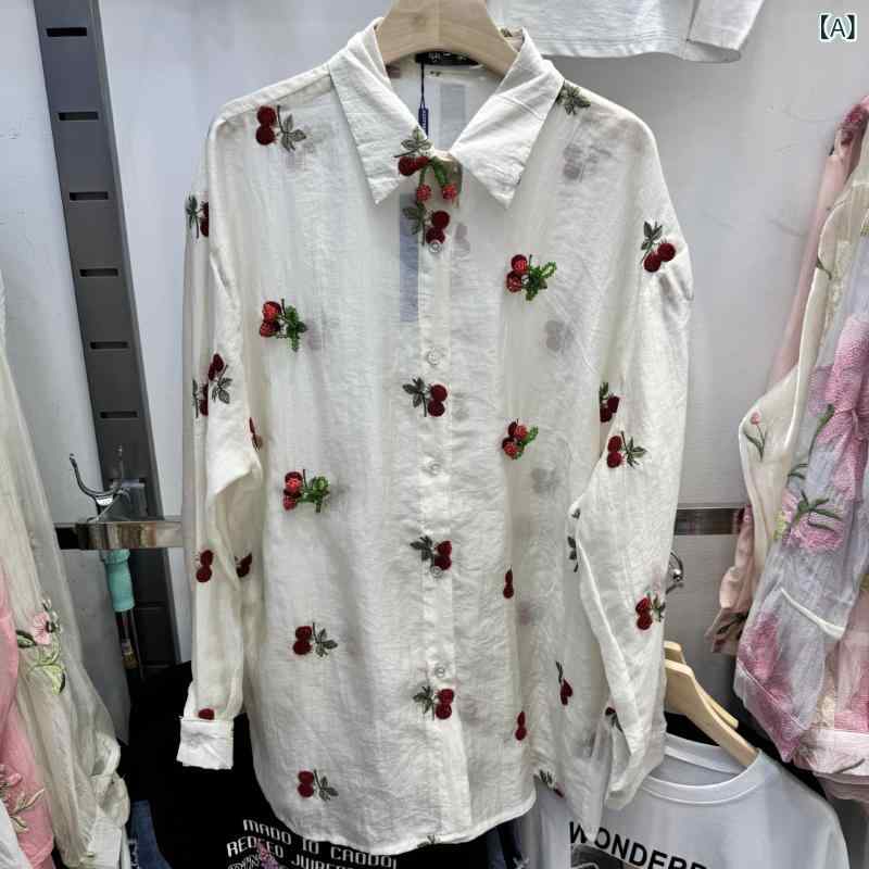 長袖トップ レディース 夏 UVとり捨てる 綿麻 桜んぼう刺しゅう 立体 愛くるしげ 薄っぺら 通気性 軽さ 防