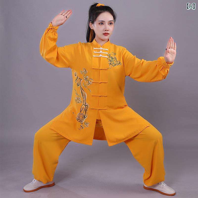 太極拳服 男女用 中長丈 伸縮性コットン 手描き柄 高級感 練習着 快適 伝統 武術着 室内用 軽量素材