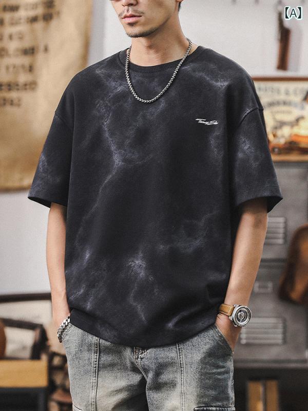 メンズ Tシャツ 夏用 ゆったり タイダイ柄 ウォッシュ加工 厚手 半袖 アメリカンスタイル ストリートファッション カジュアル トップス コットン 素材 吸湿速乾