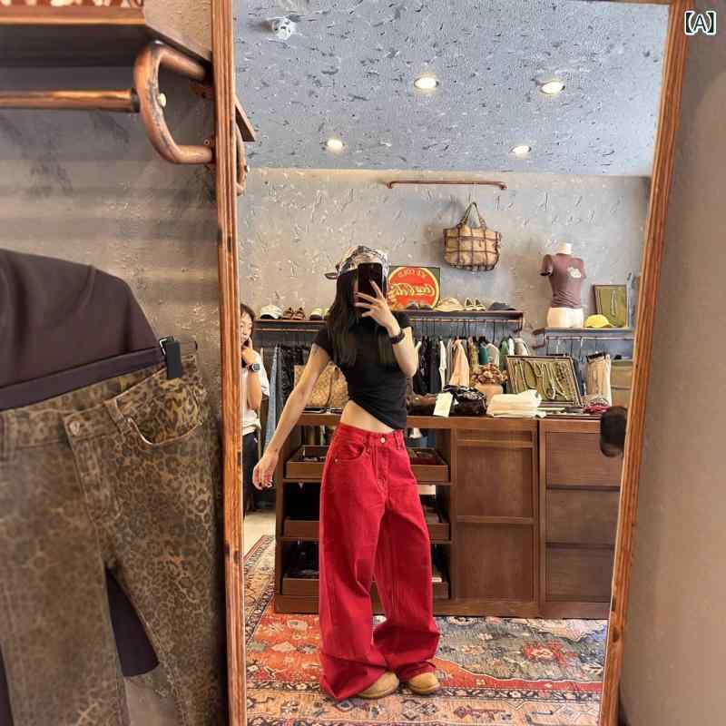 秋冬 レディース 赤 ハイウエスト デニム ワイドレッグパンツ 細見え カジュアル 普段使い ファッション コーディネート ストレッチ 素材