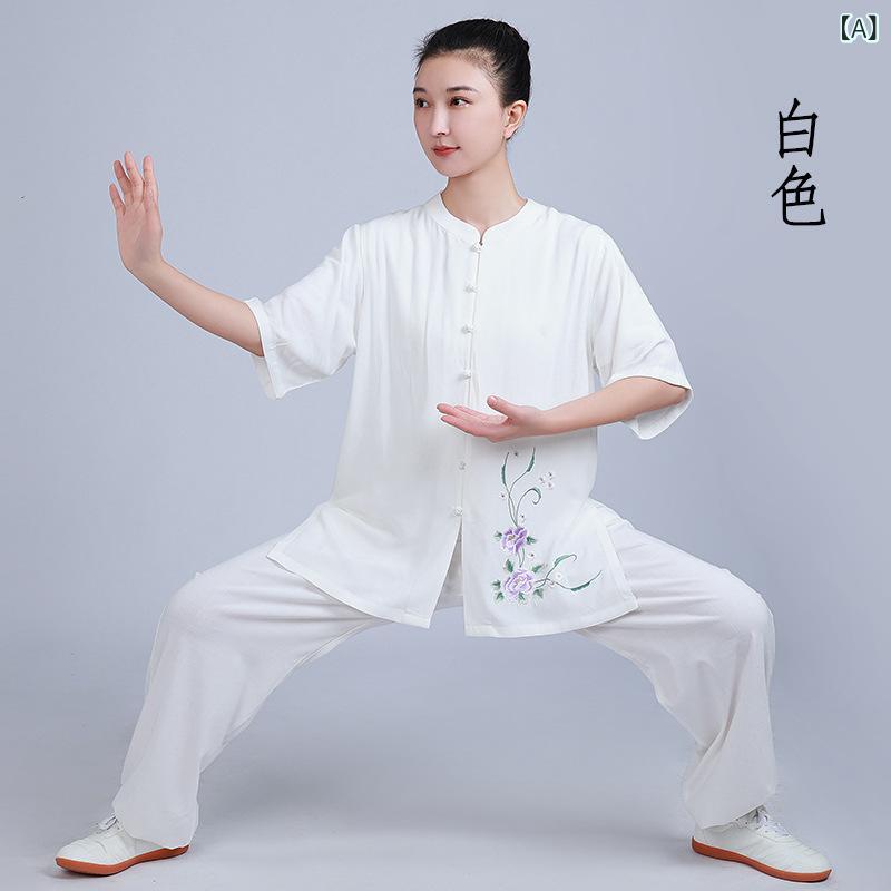 太極拳練習着 女性用 夏用 短袖 薄手 麻綿混紡 高級感 軽量 吸湿速乾 トレーニングウェア