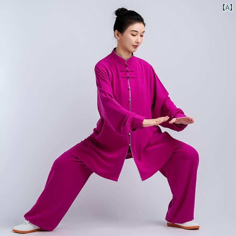 太極拳服 女性用 ロング丈 厚手 綿麻素材 春秋冬用 練習着 ゆったりシルエット 動きやすい 快適 室内外対応