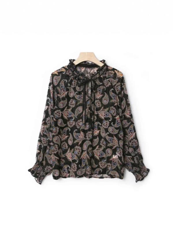 ブラウス 女性用 夏用 フレンチスタイル レトロ バロック柄 ベルベット プリント 紐付き トップス 軽量 カジュアル 吸湿速乾 綿混 ソフト素材