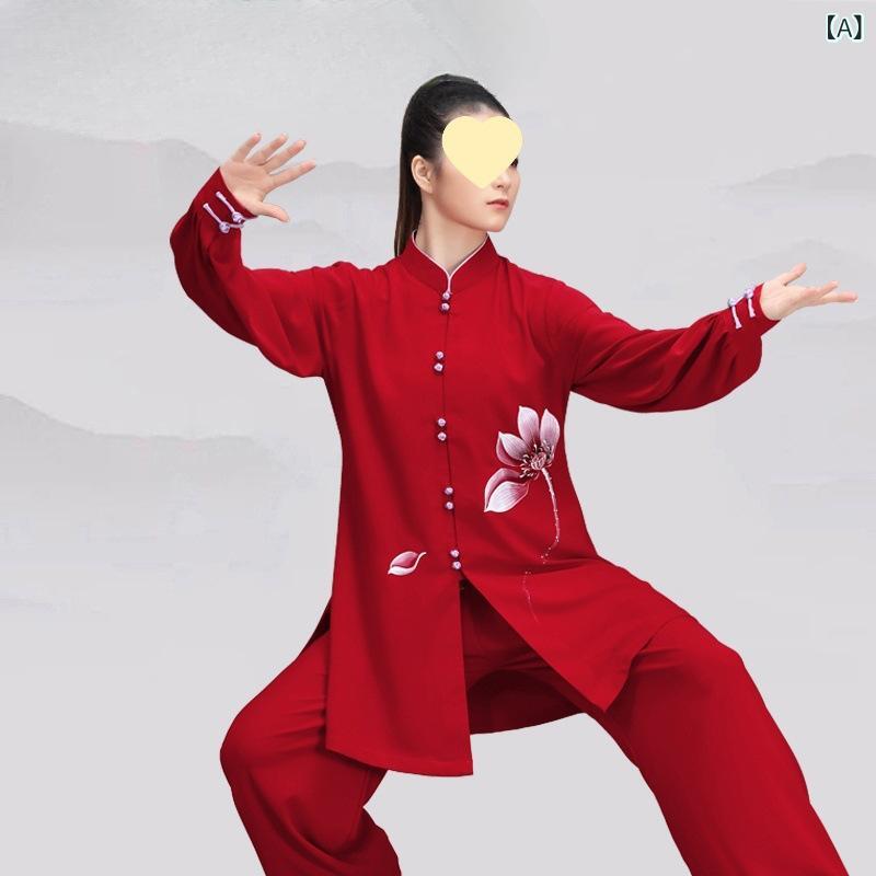 太極拳服 女性用 手描き 伸縮性 コットン 八段錦 気功 練習着 フィットネス 表演 試合対応 軽量 快適 動きやすい 伝統柄 健康 運動ウェア
