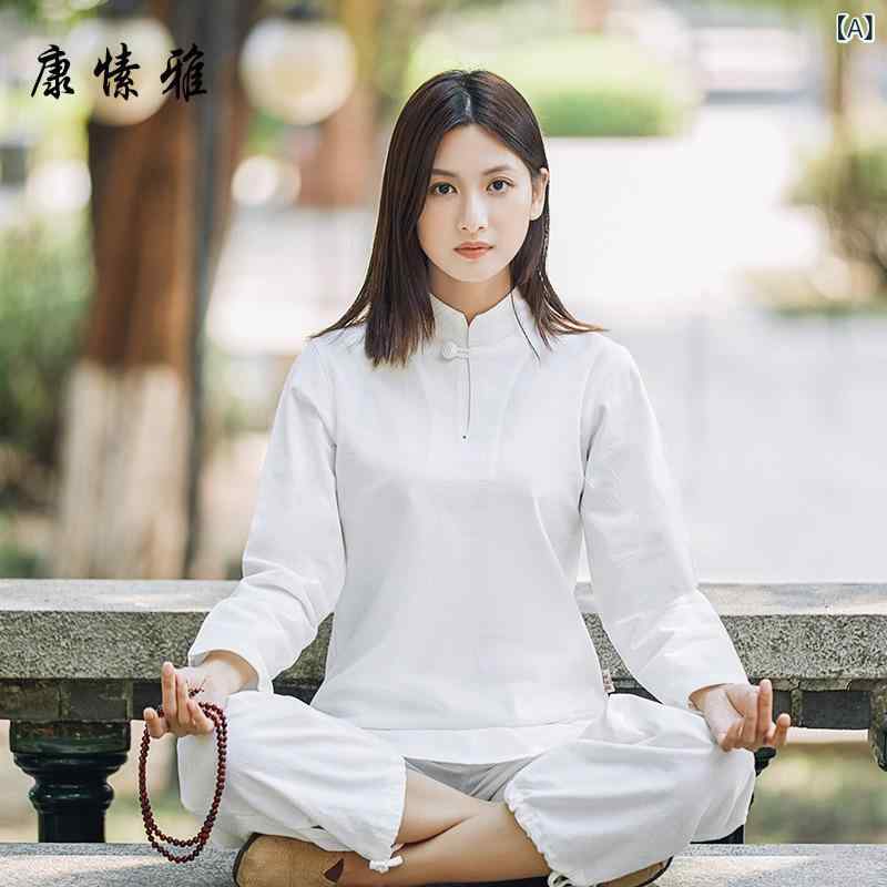ヨガウェア レディース 綿麻 ２点セット ホワイト 冬用 太極拳服 禅修服 居士服 瞑想 リラックス 軽量 通気性 ゆったり フィット 室内用