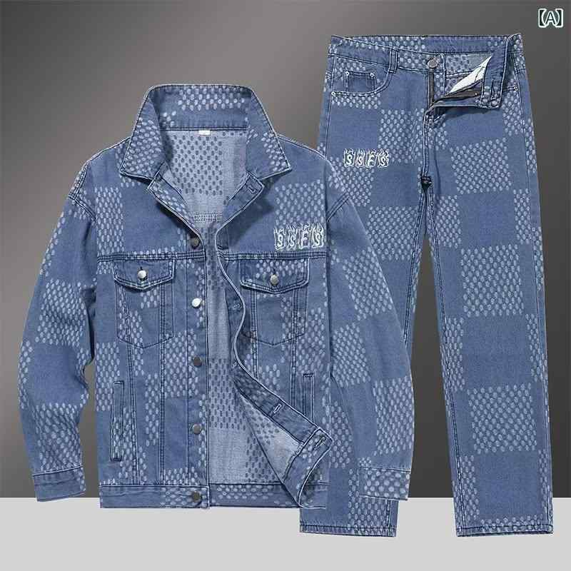 メンズ デニム ジャケット セット ワークパンツ 春秋 カジュアル スタイル コットン混 ストレッチ 快適 フィット