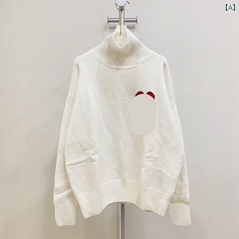 ハイネック ニット トップス 赤 ハート アルファベット柄 刺繍 コントラストカラー ゆったり フィット ユニセックス メンズ レディース 共通 かわいい セーター セータースウェット ニットセーター 柔らかい 着心地 伸縮性