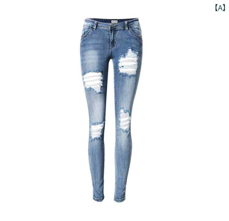 デニムパンツ レディース ローライズ スリムフィット ストレッチ スキニー ウィスカー加工 ダメージ 破れ穴 細身 弾力性 牛仔布 擦り切れ 穴あき 女性用 ボトムス 通勤用 普段使い