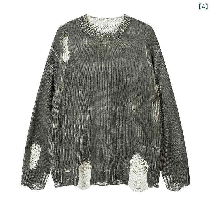 ニットセーター ユニセックス 秋冬 ゆったり フリンジ ダメージ 不規則 クルーネック カップル向け 柔らかい素材 日常使い ビッグシルエット