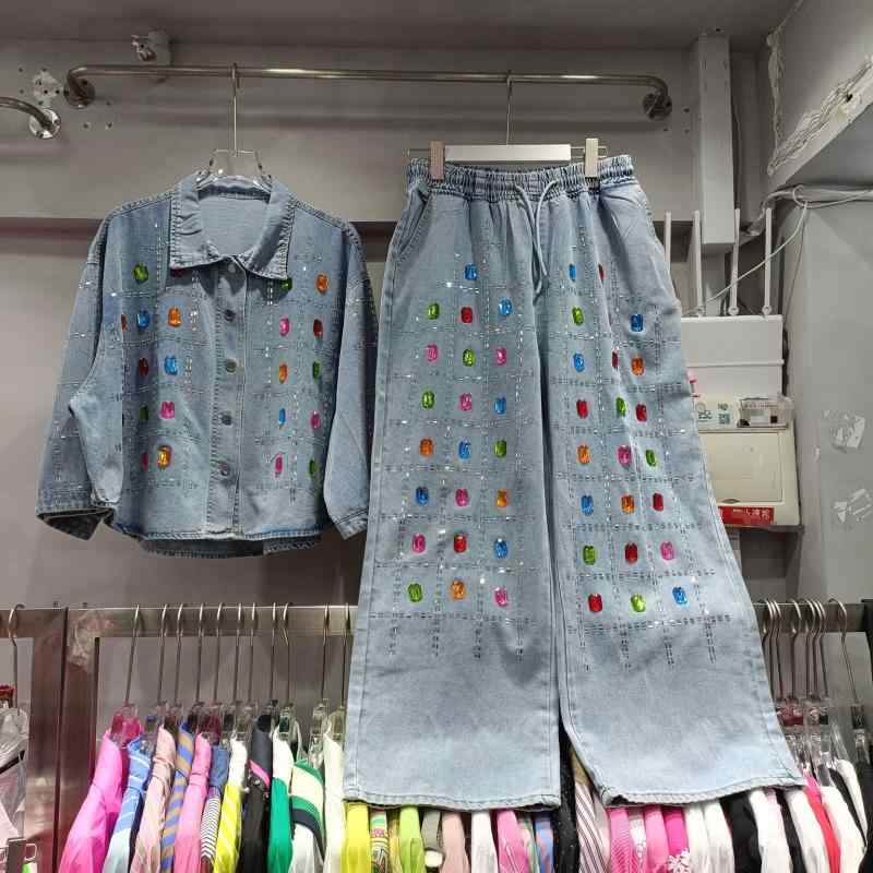 ジーンズ上衣 レディース ビーズ スタッド カラージルコニア かざり付ける 春夏 ワイドレッグパンツ 書き割り 伸縮性 軽さ ジーンズ原料品 心地よい表現スタイル