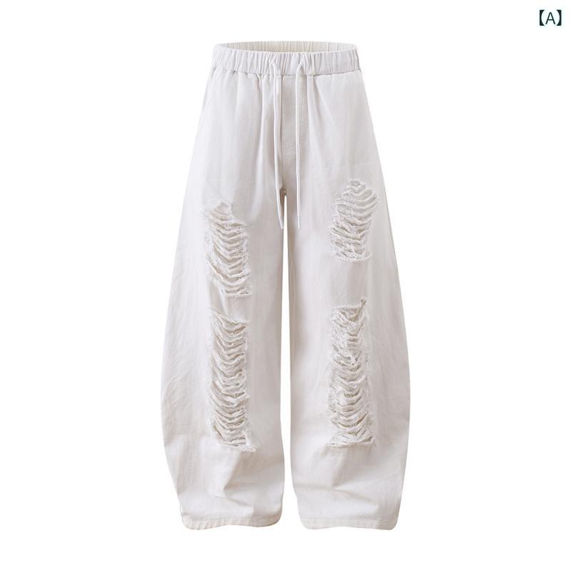 メンズ デニム パンツ ワイド レッグ 穴あき ディストロイ 加工 ゆったり シルエット 単色 アメリカン ストリート カジュアル 普段使い 綿 混 素材 ロング 丈