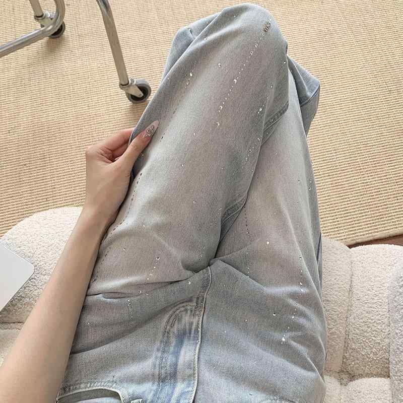 レディース 春夏 ハイウエスト ストレートパンツ レトロ デニム ヒップアップ スリム 水洗加工 スタッズ 装飾 ロング丈 普段使い 伸縮性