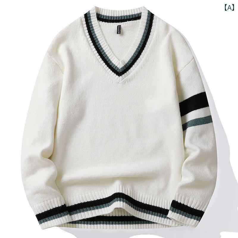 ニットセーター メンズ 秋冬 Vネック ゆったり フィット 学生風 カラーブロック 学院風 トップス 暖か 混紡素材 普段使い カジュアル コーディネート