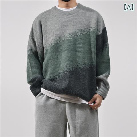 メンズ カジュアル ニットセーター レトロ 花柄 グラデーション コントラストカラー クルーネック プルオーバー シルエット 厚手 暖かみ 伸縮性 秋冬 トップス
