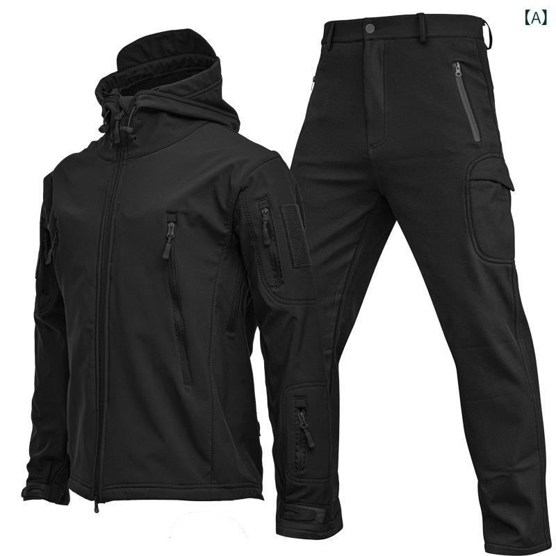 登山ジャケット メンズ ソフトシェル セット 秋冬 ミリタリー 防 通気 加厚 アウトドア ハイキング 耐久素材 暖か 軽量 伸縮性 ブラック グレー