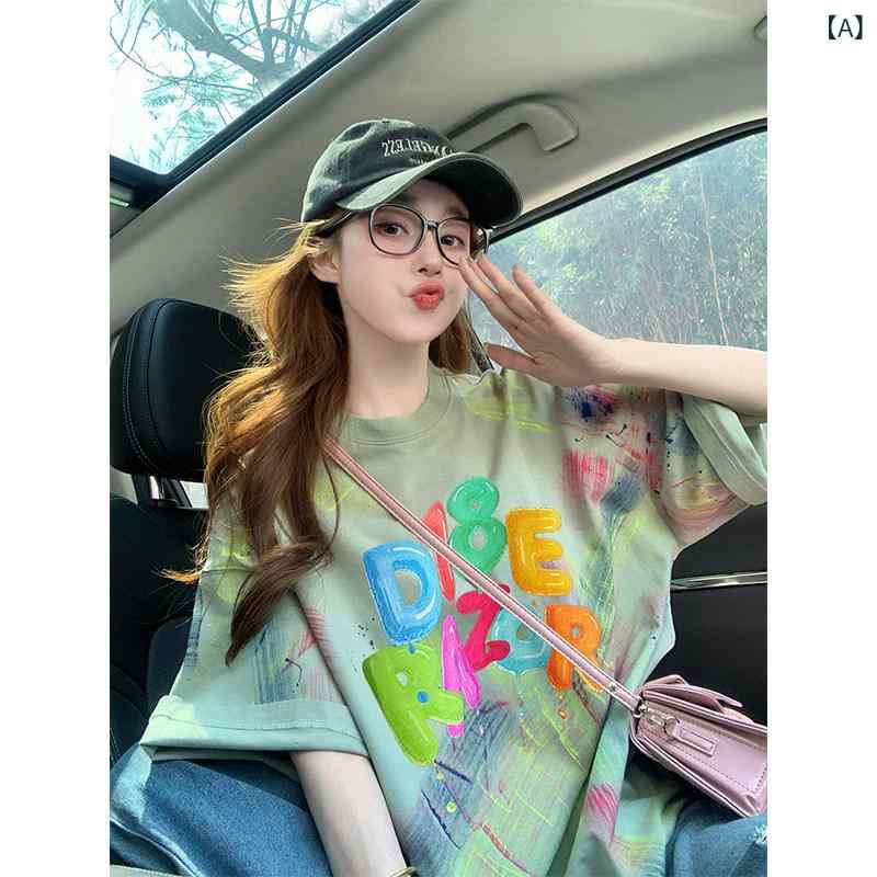 カットソー レディース おすすめ カットソー レディース おすすめ カラフルな 文字の タイ ダイ 染め 半袖 Tシャツ 女性用 2025夏の オーバー サイズ アメリカン ヨーロピアン トップス