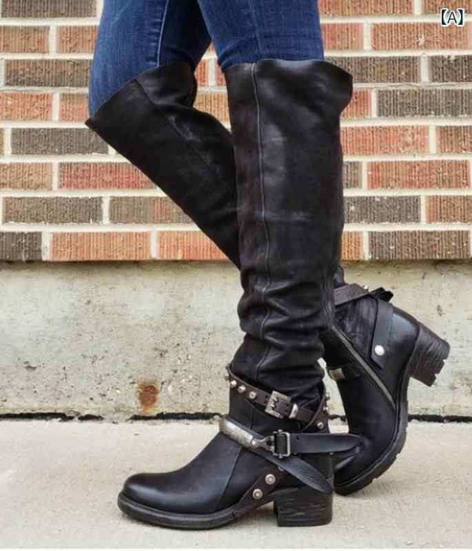 レディース ロングブーツ ベルトバックル 厚底ヒール ミドルヒール ハイカット ライダースタイル 女性用 ブーツ 大きめサイズ カジュアル 普段使い スタイリッシュ 耐久性