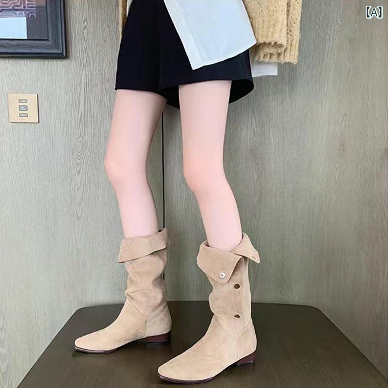 ブーツ レディース 秋冬 ウェスタン デニム ポインテッドトゥ ミッドカーフ プリーツ フリル セクシー ガールズ カジュアル 普段使い 伸縮性 軽量 女性用 カウボーイ スタイル 筒丈 尖頭 折り目 ふんわり