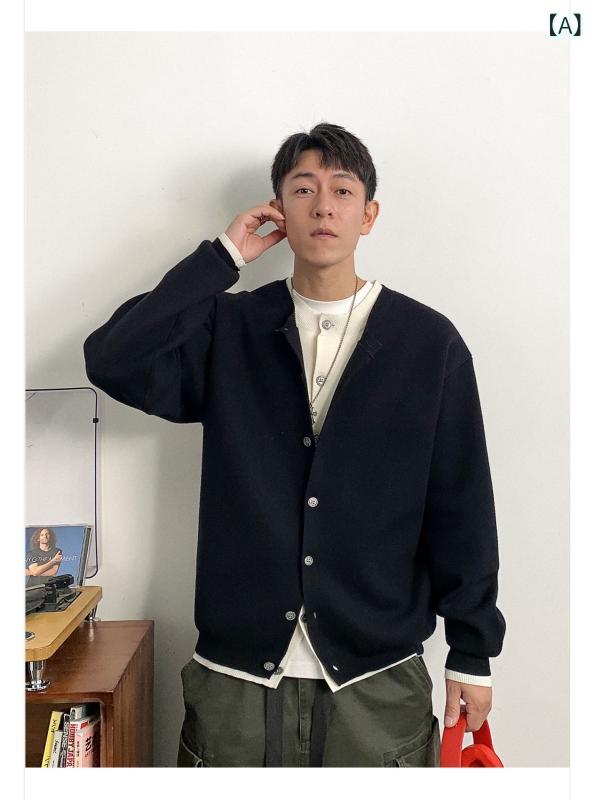 カーディガン メンズ 秋 ニット 切り替え フェイクツーピース リラックス 重ね着 アウター セーター シンプル カジュアル 普段使い 軽量 伸縮性