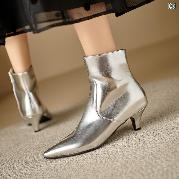 レディース アンクルブーツ ミドルヒール ショートブーツ 秋用 ゴールド 普段使い 軽量 伸縮性 女性用 足元カバー シンプル