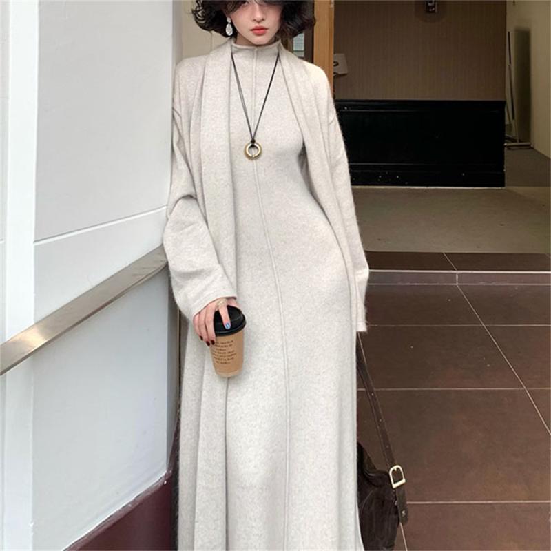 レディース 秋冬 編み物仕掛ける ハイネック 衣装 編み物ジレー レトロ ロング丈 窈窕たる 優しいこと 伸縮性 日常使い走り