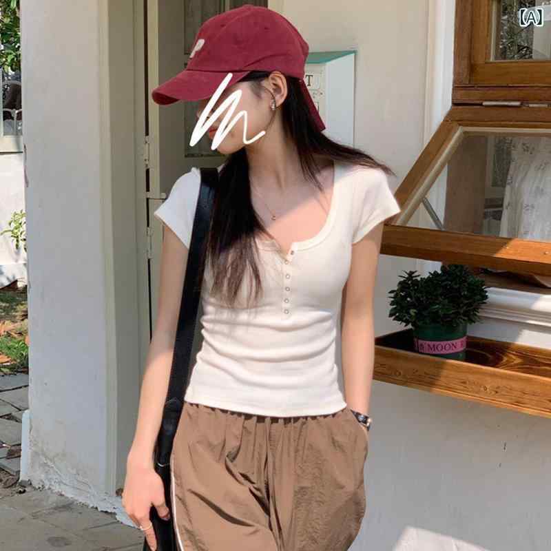 Tシャツ レディース 短袖 コットン ボタン スクエアネック 夏 修身 スリム 普段使い 通気性 カジュアル インナー トップス