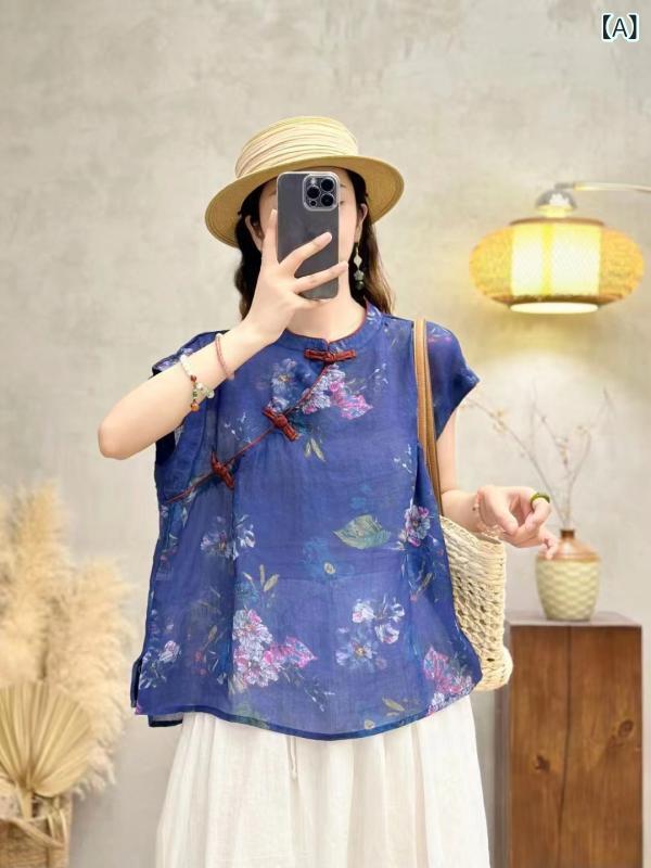 レディース 夏用 カラムシ 麻 プルオーバー 照明ランプ色つや 曲がった襟 盤扣 ゆったり 蝶袖 ティーシャツ トップス 吸湿速乾 軽さ 涼感 心地よい 赤銅色系