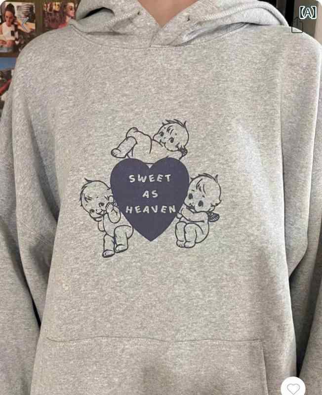 フーディー 女性用 オーバーサイズ ゆったり フィット アメリカン ストリートスタイル 三天使 ハート モチーフ かわいい グラフィック プリント 長袖 スウェット カジュアル トップス