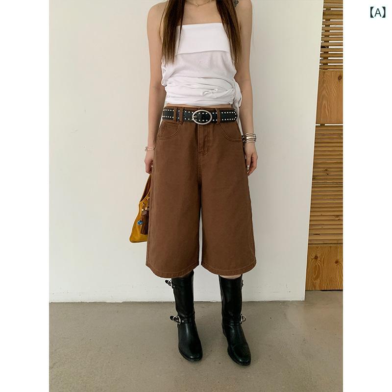 レディース ジーンズズボン下 アメリカン レトロ カーキ  引っ切りない ワイドレッグ 七分丈 か細い成り行き 心地よい 普段使い走り 綿織物 伸ばすこと 脚長 ゆったり 好いたらしい