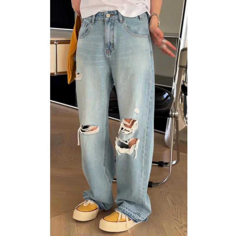 デニムパンツ レディース 夏 カジュアル ゆったり ワイドレッグ フィット ライトカラー ウォッシュ加工 ダメージ 普段使い 伸縮性 デニム素材