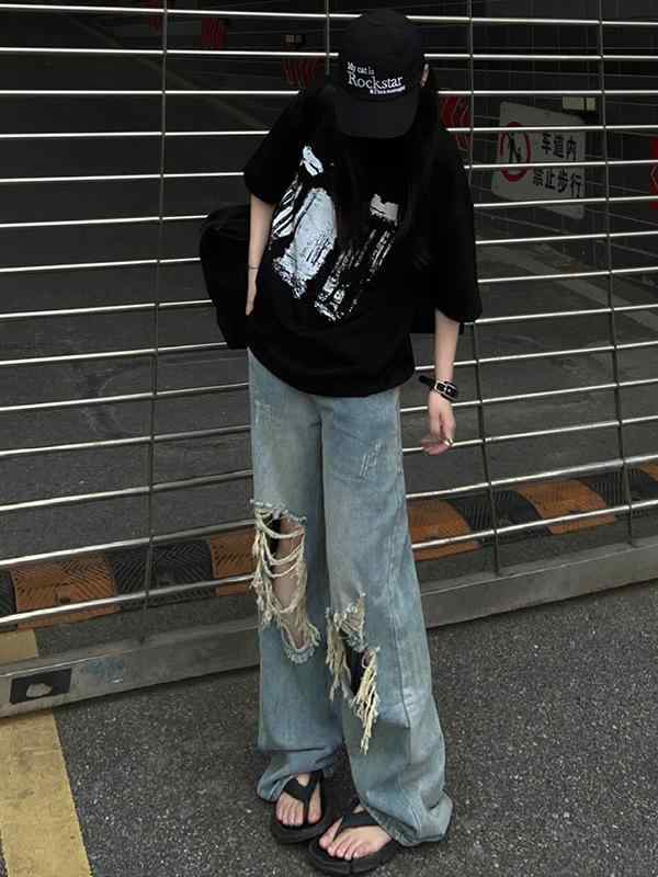 レディース デニムパンツ 破れ ストレート ハイウエスト ワイドレッグ ルーズ ゆったり レトロ ヴィンテージ加工 アメリカン ヒップホップ ストリート カジュアル デニム素材 スリム効果 合わせやすい 普段使い 通勤対応 軽量 伸縮性
