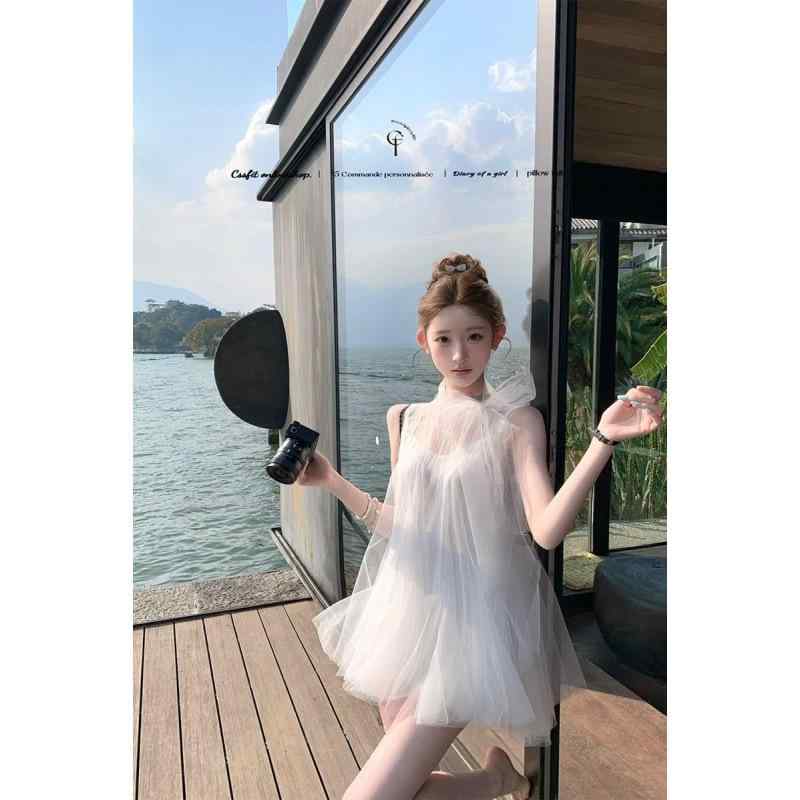 ワンピース レディース 蝶結び 網目レース 白 夏 フレンチスタイル かわいい 初恋 軽やか 通気性 チュール素材 ロマンティック デザイン