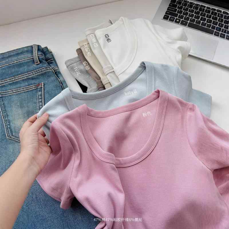 Tシャツ レディース Uネック 短袖 接触冷感 夏 シンプル 無地 スリムフィット ベーシック 普段使い トップス 伸縮性 軽量