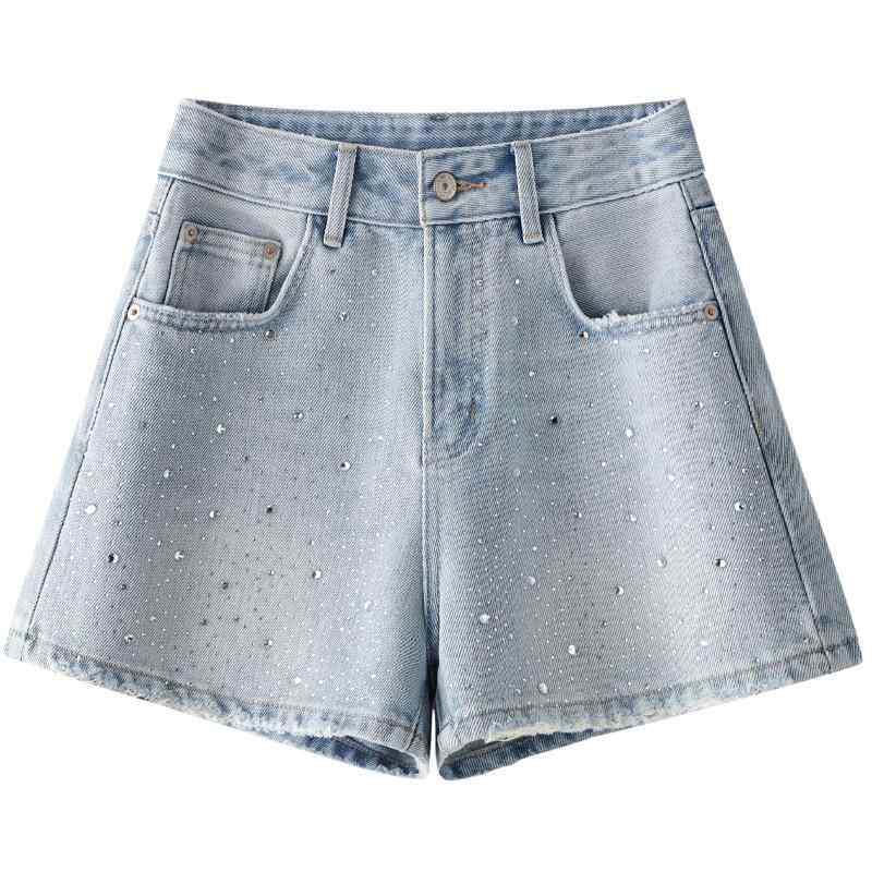 デニム ホットパンツ レディース ライトブルー ストーン付き ハイウエスト ルーズフィット 薄手 夏用 スリム効果 5分丈 カジュアル