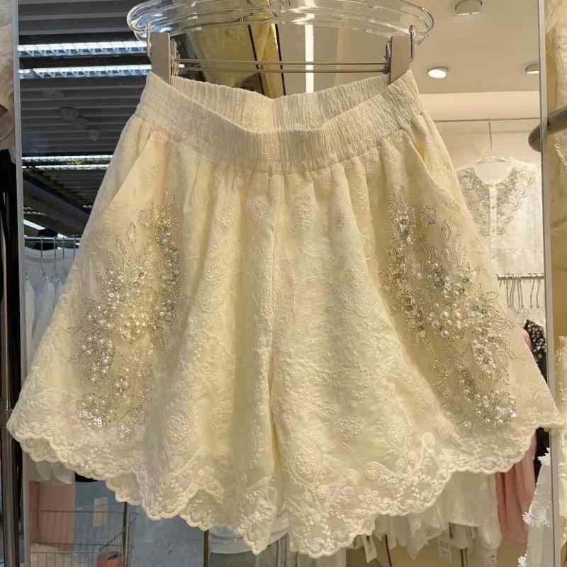 ホットパンツ レディース 夏用 ハイウエスト 大きめサイズ レース スリム見え アクリル素材 カジュアル 短パン 装飾ビーズ 普段使い 軽量 伸縮性