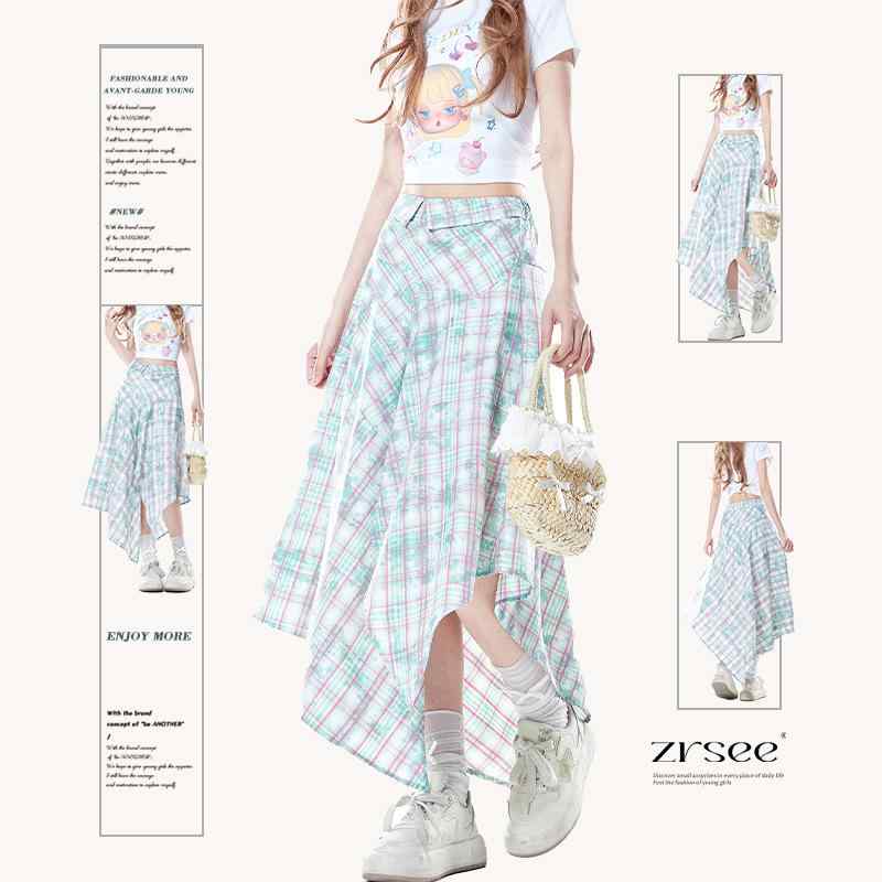 スカート 女性用 夏用 カジュアル ミドル丈 アシンメトリー フリル ウエスト デザイン タイダイ チェック柄 軽やか スタイル