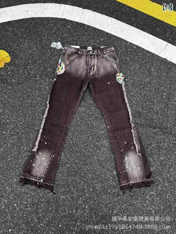 デニムパンツ ユニセックス 切り替え フレア ロングパンツ ビンテージ ウォッシュ加工 インクスプラッシュ デザイン カジュアル 普段使い ストレッチ 素材 ジーンズ ボトムス