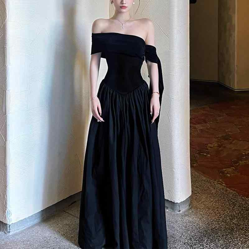 ワンピース 女性用 夏 オフショルダー 肩ストラップ フレアスカート ブラック スリム エレガント スタイル 軽量 伸縮性 通勤 普段使い