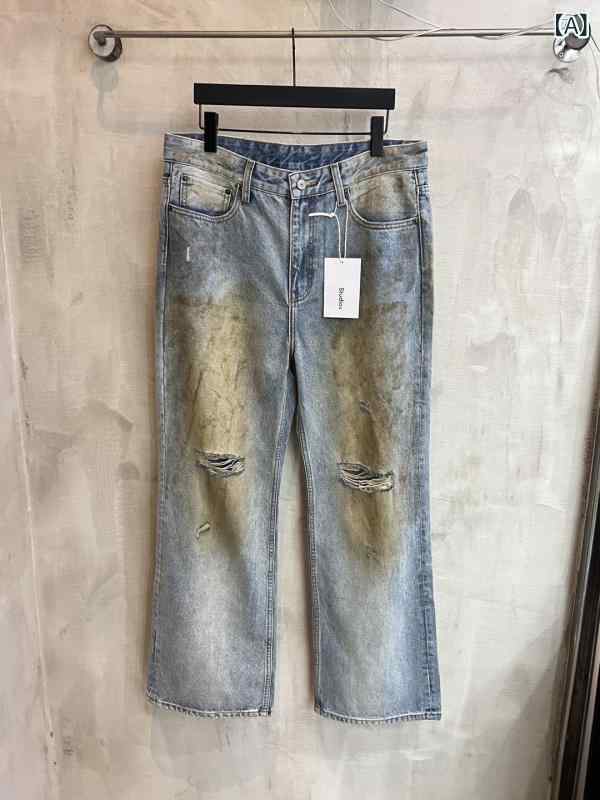 デニムパンツ ジーンズ ヴィンテージ加工 泥染め 破れ カットオフ 微フレア ストレート 脚長効果 ユニセックス カジュアル 普段使い 伸縮性 コットン素材 ブルー系