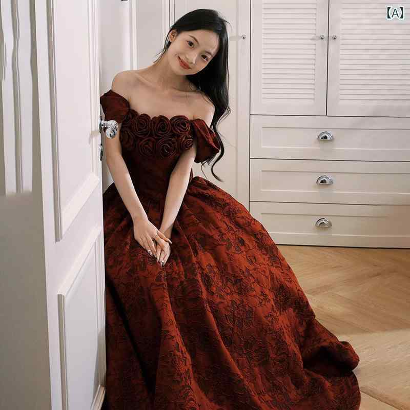 妊婦用 結婚式ドレス 赤 オフショルダー ロングワンピース スリム効果 エレガント ゆったりシルエット マタニティ フォーマル 気品 快適素材 大きめサイズ