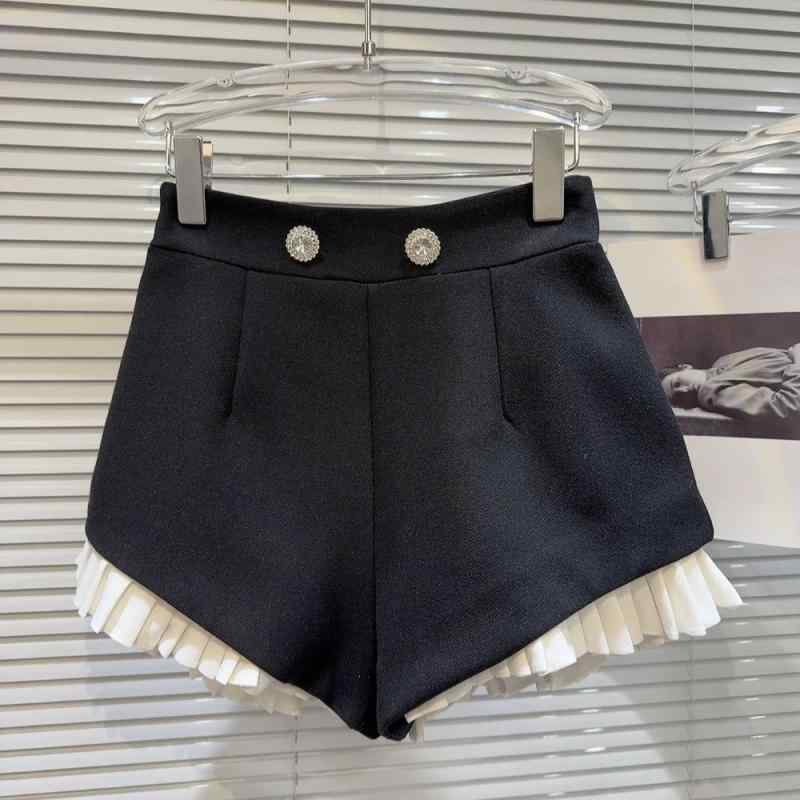 ショートパンツ 夏 レディース ハイウエスト プリーツ レース フリル ラインストーン メタルボタン エレガント 上品 フェミニン カジュアル 軽量 伸縮性 吸湿速乾