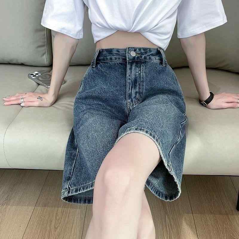 デニム ショートパンツ レディース 夏 レトロ ハイウエスト ワイドレッグ 5分丈 薄手 ストレート シルエット スリム効果 合わせやすい 普段使い 軽量 伸縮性