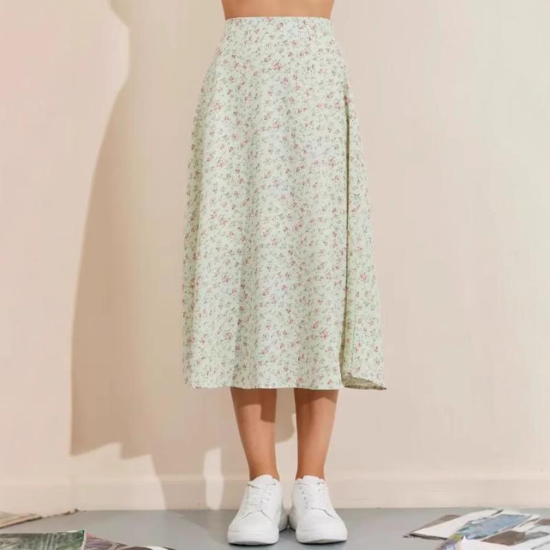 スカート 春夏 女性用 小花柄 シフォン ハイウエスト Aライン 中長 ドレープ感 小柄対応 軽量 通気性 フラワープリント プリーツ フェミニン 普段使い