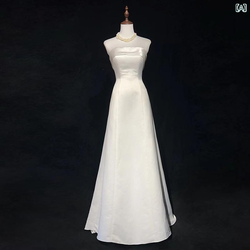 {"result": "ウェディングドレス サテン 白 ストラップレス シンプル 軽量 フランススタイル 結婚式 婚約パーティー 宴会 迎賓用 礼服 フォーマル ドレス イブニングガウン ミディ丈 膝丈 膝下丈 膝上丈 レース 刺繍 シフォン チュール