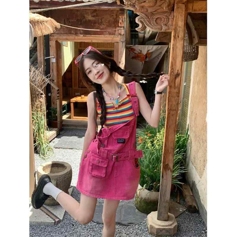ワンピース レディース デニム サロペット 夏用 Aライン ショートスカート ウエストシェイプ ワークスタイル ビビッドカラー 若返り感 軽量 伸縮性 普段使い カジュアル