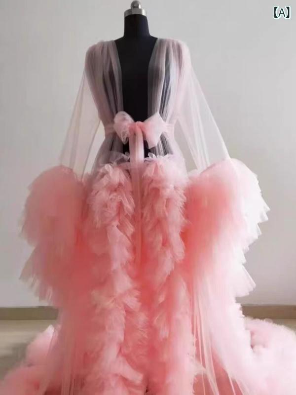 妊婦用 モーニングローブ ピンク かわいい チュール フレアスリーブ ボリューム袖 結婚撮影 アート写真 バスローブ 女性用 軽量 柔らかい 素材 甘め デザイン 通年使用|サポートシェアグローバル