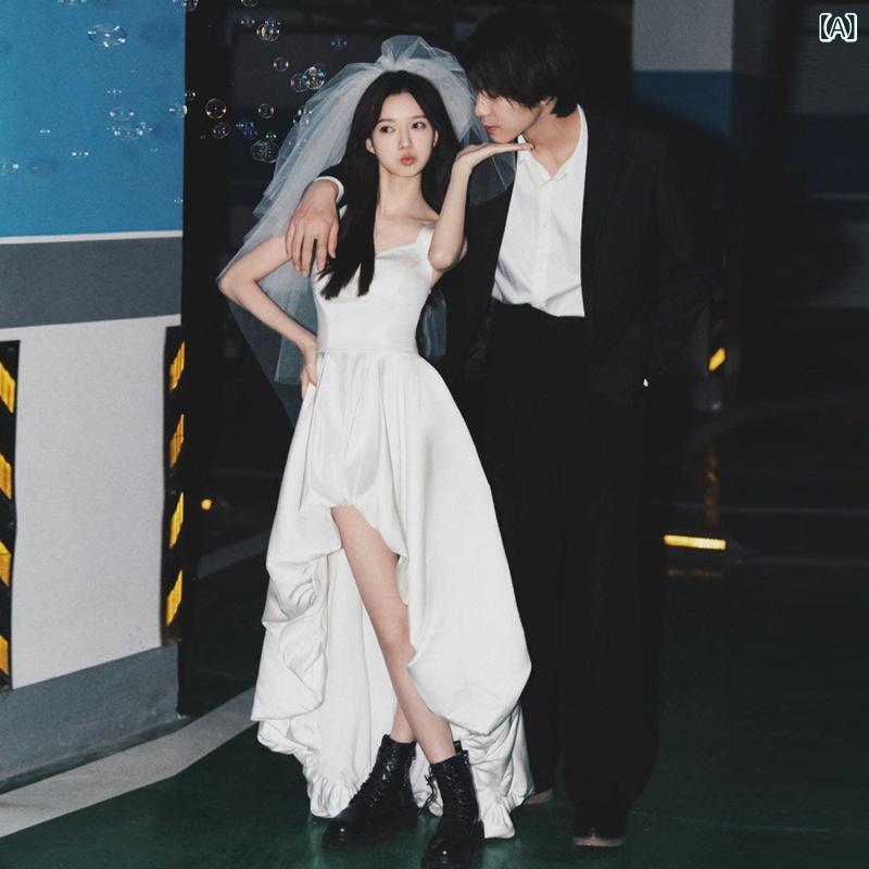 レディース ウェディングドレス シンプル エレガント 肩紐 サテン生地 軽量 前短後長 ホワイト 結婚登録用 外出着 ナチュラル シルエット 女性用 トップス ワンピース スタイル