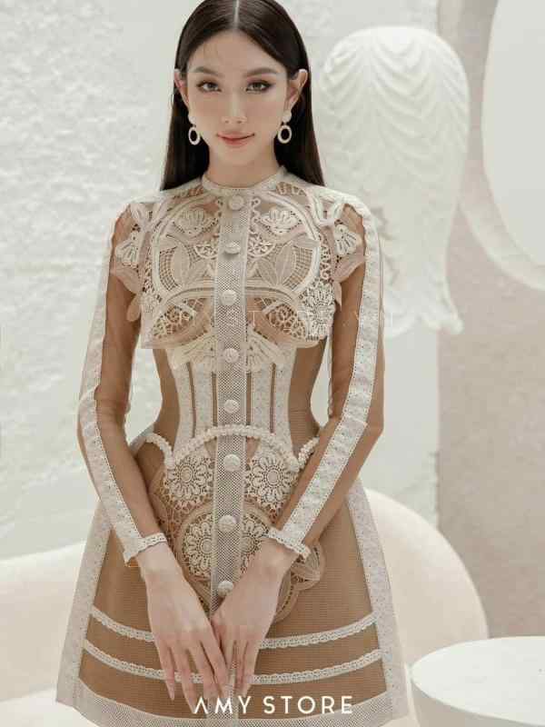 女性用 ワンピース レース 花柄 透け感 長袖 春夏 かわいい 収腰 ミニ丈 ブラウン 軽量 伸縮性 普段使い|サポートシェアグローバル
