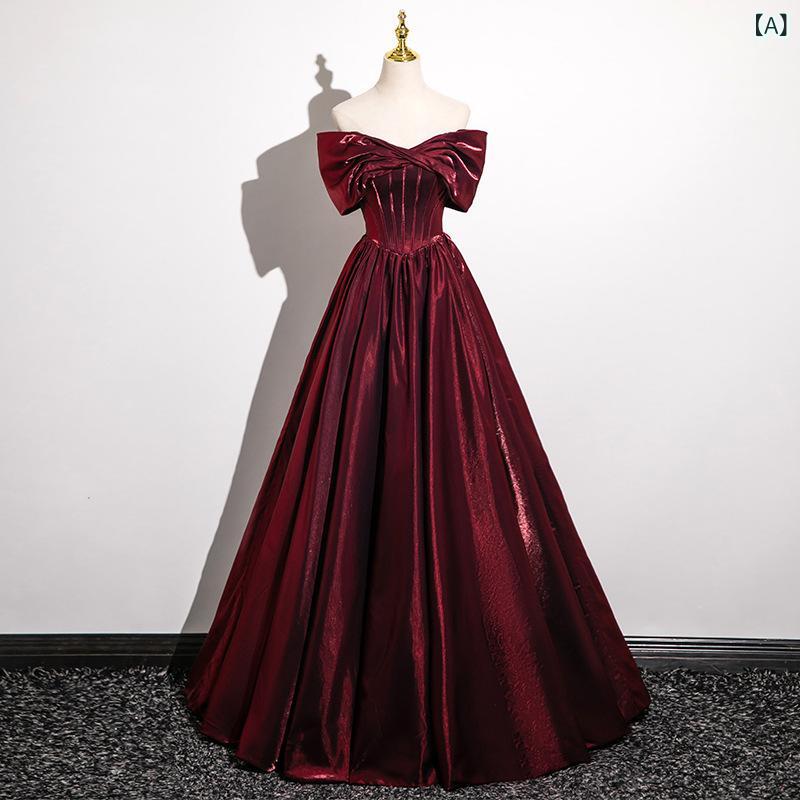 レディース 結婚式ドレス ワンピース バーガンディカラー ロング丈 ボートネック スリムフィット イブニングパーティー用 エレガント スタイリッシュ フォーマル