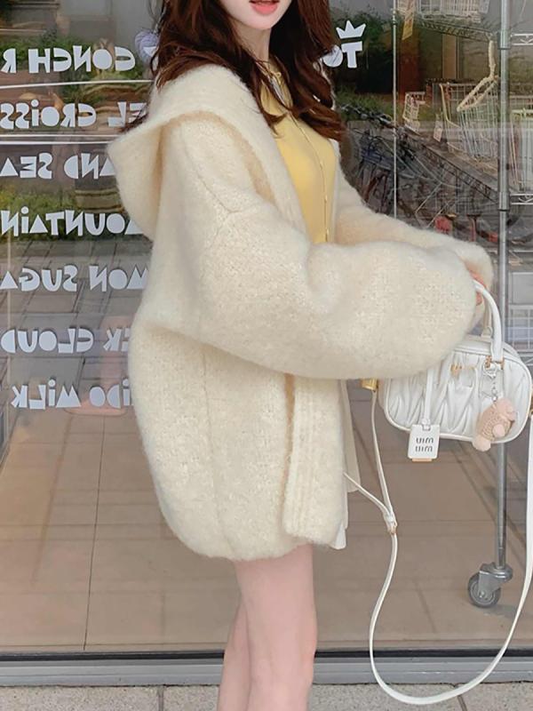 レディース ボンネット付き添い人 ゆったり 絨毛 編み物 ジレー 相応う 心地よい 優しいこと パステル色の原料品 長袖 アウター 普段使い